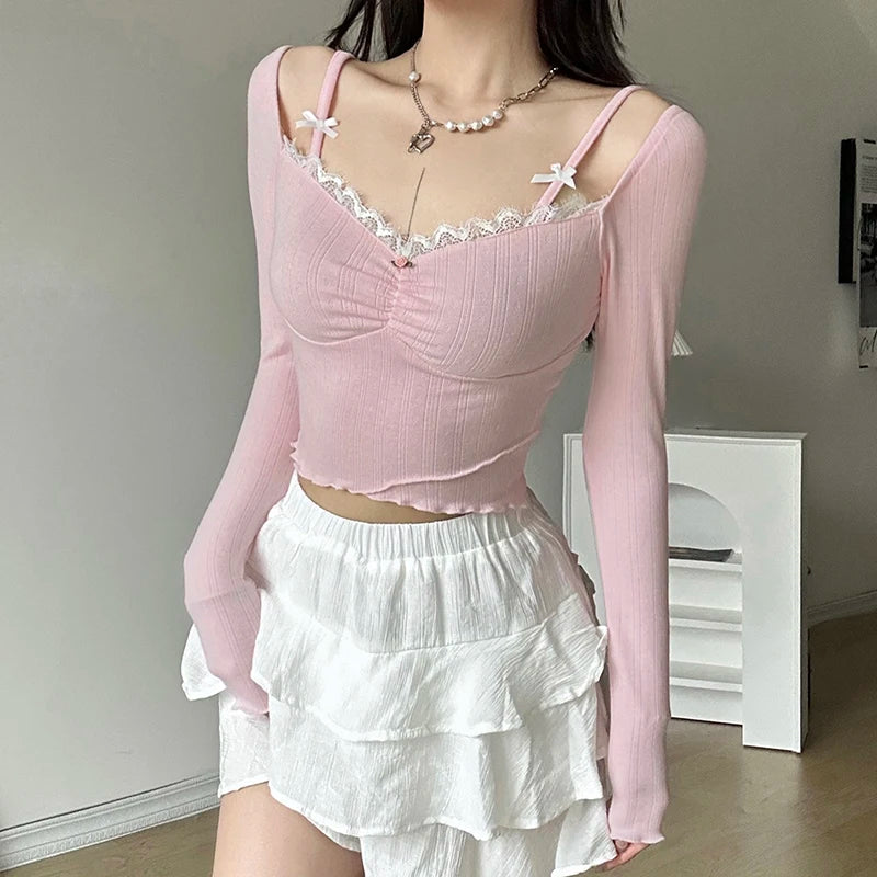 Voguable  Sweet Lace Stitching V-neck Skinny Top Pink Coquette Aesthetic Slim-fit Long Sleeve Knitted T-shirts Cute Casual Tees voguable