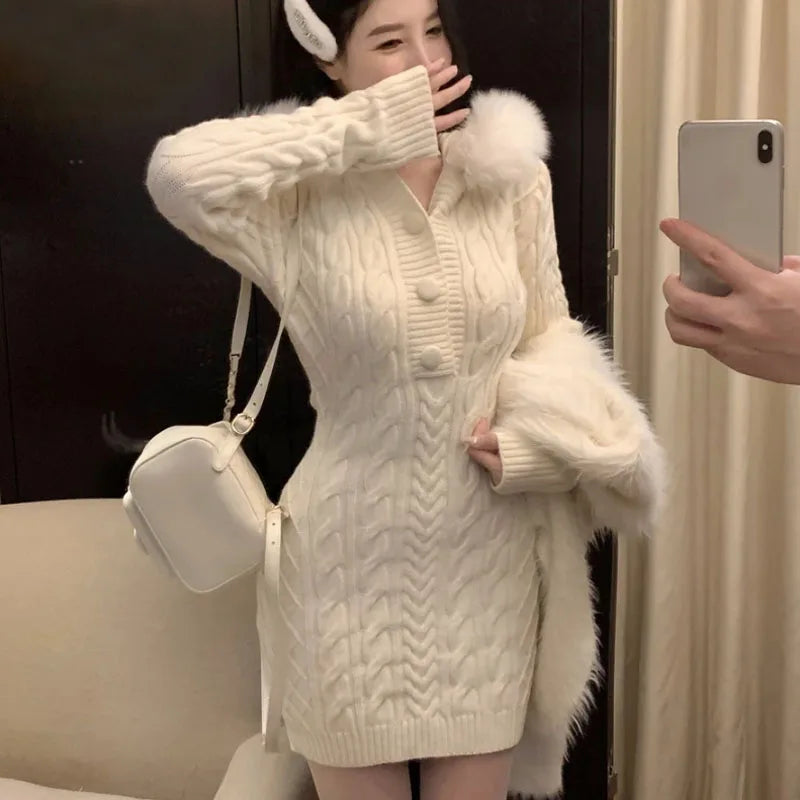 Autumn Winter Elegant Women Sweater Christmas Red Slim Fur Patchwork Hooded Knitted Dress Female Korean Knitwear Hoodie Tops voguable