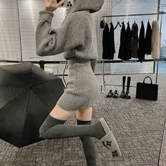 MEXZT Streetwear Knitted Mini Dress Women Hooded Sweater A Line Dresses Winter Korean Solid High Waist Slim Casual Vestidos New voguable