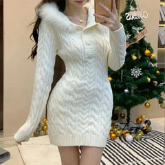 Autumn Winter Elegant Women Sweater Christmas Red Slim Fur Patchwork Hooded Knitted Dress Female Korean Knitwear Hoodie Tops voguable