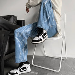 Harajuku Fashion Casual Black Tie-Dye Jeans Men Straight Leg Chic Baggy Handsome American Oversize Pants High Street Ins Trend voguable