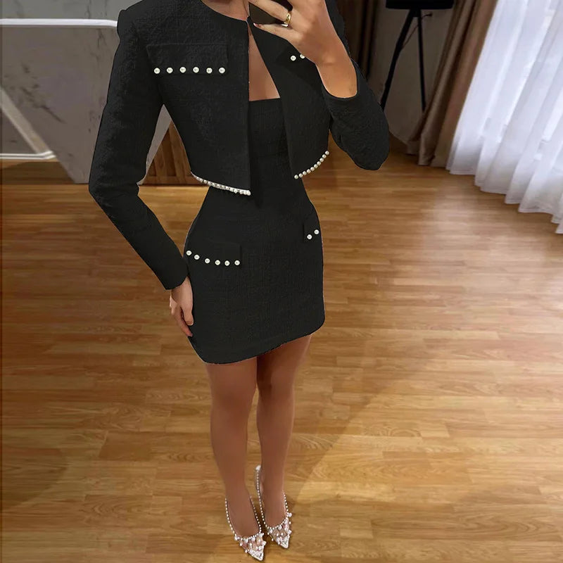 Mozision Pearl Dress Sets Women Autumn Long Sleeve Coat And Mini Dress Two Piece Sets Femme Sexy Strapless Dress Matching Sets voguable