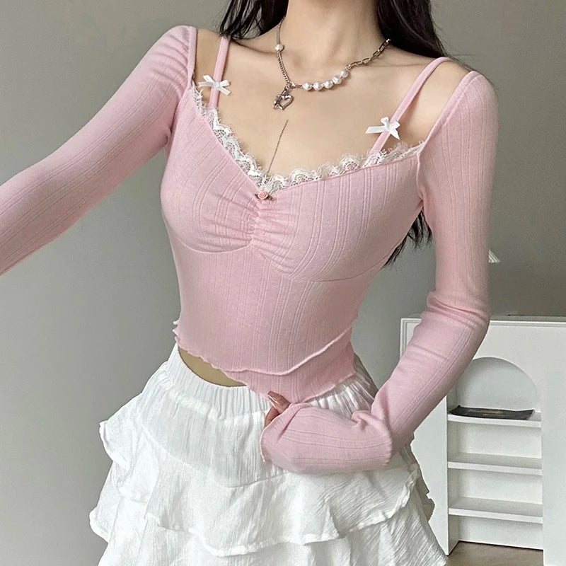 Voguable  Sweet Lace Stitching V-neck Skinny Top Pink Coquette Aesthetic Slim-fit Long Sleeve Knitted T-shirts Cute Casual Tees voguable