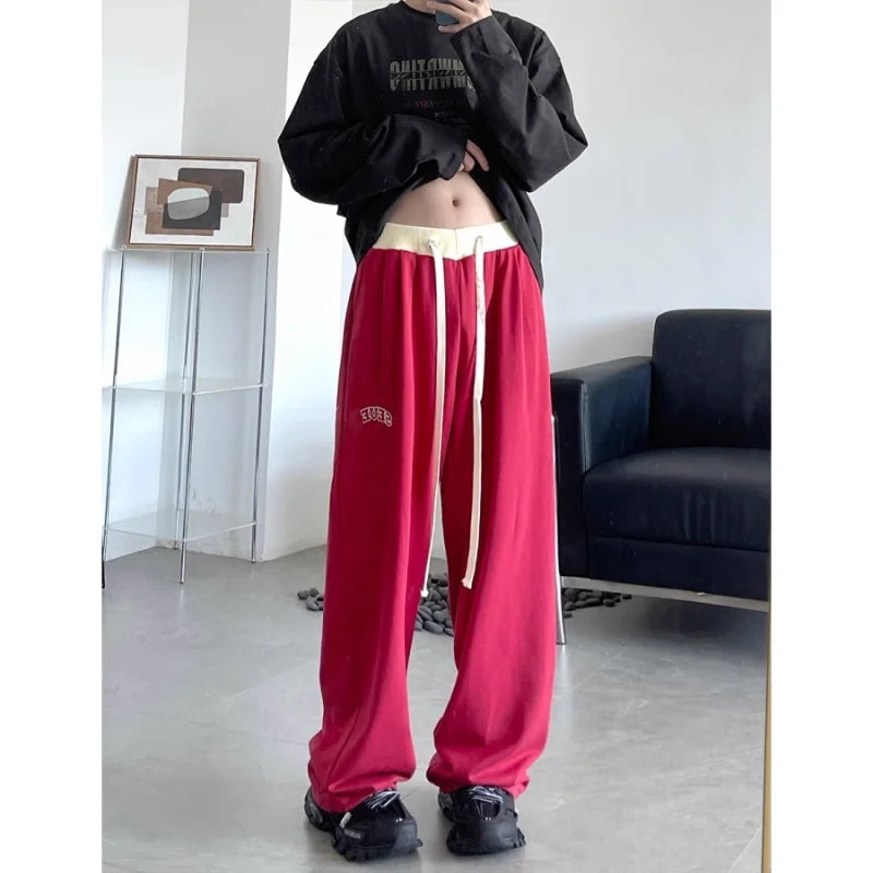 Autumn Winter New Fashion Elastic Waist Drawstring Pockets Solid American Style Men's Clothing Wide Leg Trousers All-match Pants voguable