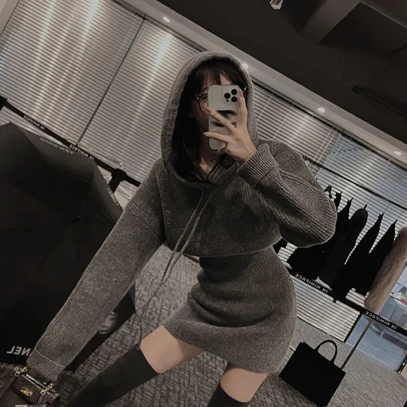 MEXZT Streetwear Knitted Mini Dress Women Hooded Sweater A Line Dresses Winter Korean Solid High Waist Slim Casual Vestidos New voguable