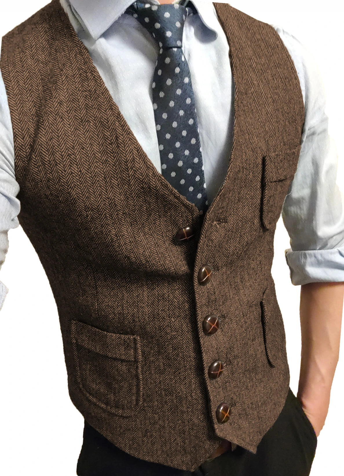 Men's Formal Suit Vest V-Neck Tweed Herringbone Waistcoat Business Dress Suit Vests for Wedding voguable