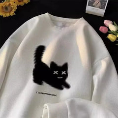 Voguable Streetwear Harajuku Waffle Cotton Kawaii Hoodies for Men O-Neck Oversized Sweatshirt Y2K Black Cat HIP HOP Punk Winter Clothes voguable