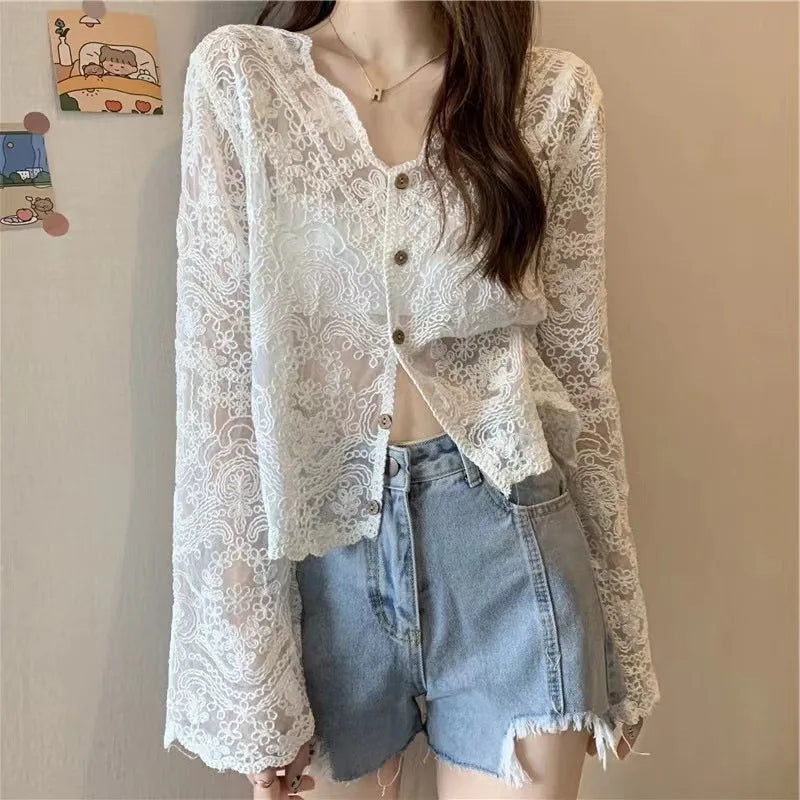 Spring Summer Korean Design Sense Hook Flower Hollow Lace Shirt Senior Sense Foreign Air V-Neck Long Sleeve Sun Protection Tops voguable