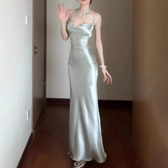 2024 Summer New French Style Satin Sling Dress for Women's High Grade Feeling Waist Wrap Hip Long Dress voguable