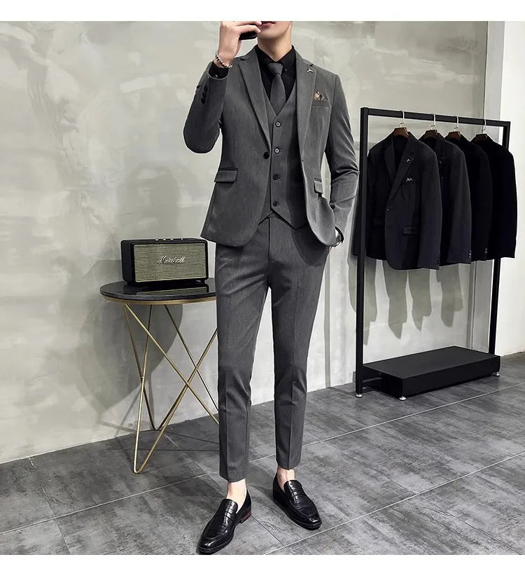 Voguable Men's Suit Jacket Vest Pants Fashion Boutique Plaid Casual Business Male Groom Wedding Tuxedo Dress 3 Pieces Set Blazers Coat voguable