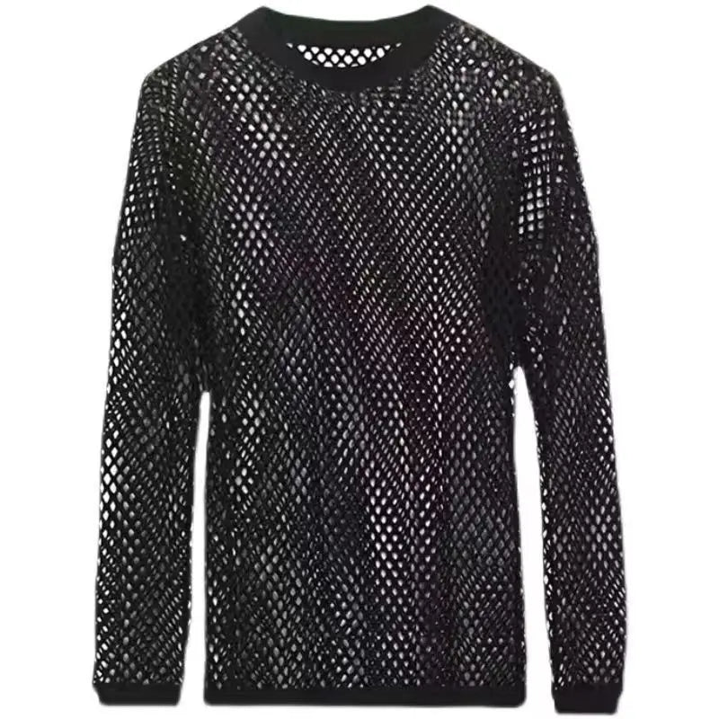 Men's Cotton Mesh Long Sleeve Off Shoulder See-Through T-Shirt Sexy Nightclub Wear Fitness Breathable Mesh Hollow-Out Base Shirt voguable