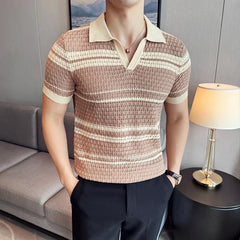 Men Knitted Polo Shirt 2024 Summer New Thin Striped Jacquard Patchwork Color Short Sleeved Casual V-neck T-shirt Men Clothing voguable