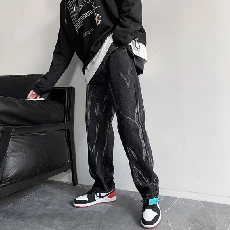 Harajuku Fashion Casual Black Tie-Dye Jeans Men Straight Leg Chic Baggy Handsome American Oversize Pants High Street Ins Trend voguable