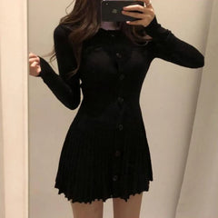 MEXZT Knitted Pleated Mini Dress Women Vintage Black Sweater Dresses Winter Korean Elegant Long Sleeve Pink Bodycon Vestidos New voguable