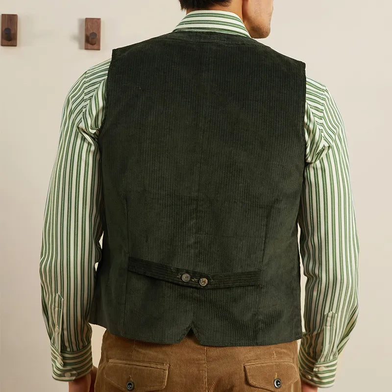 Men's Vest Army Green Corduroy Tweed V Neck Retro Tooling Waistcoat Male Gentleman Business Waistcoat Steampunk Clothing Vest voguable