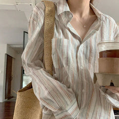 Y2k Lazy Fashion Casual Retro Pinstripe Shirt Women Spring Comfortable Tops Stand Collar Loose Lazy Breathable Sunscreen Clothes voguable