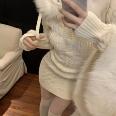 Autumn Winter Elegant Women Sweater Christmas Red Slim Fur Patchwork Hooded Knitted Dress Female Korean Knitwear Hoodie Tops voguable