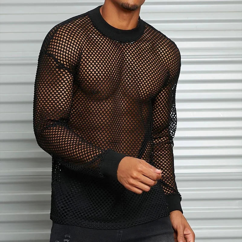 Men's Cotton Mesh Long Sleeve Off Shoulder See-Through T-Shirt Sexy Nightclub Wear Fitness Breathable Mesh Hollow-Out Base Shirt voguable