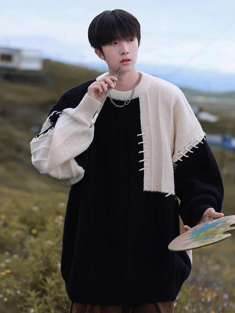 Voguable Knitted Sweater Men Pullover Oversize Sweaters Male Winter Harajuku Casual Streetwear Patchwork Autumn Hip Hop Spliced voguable