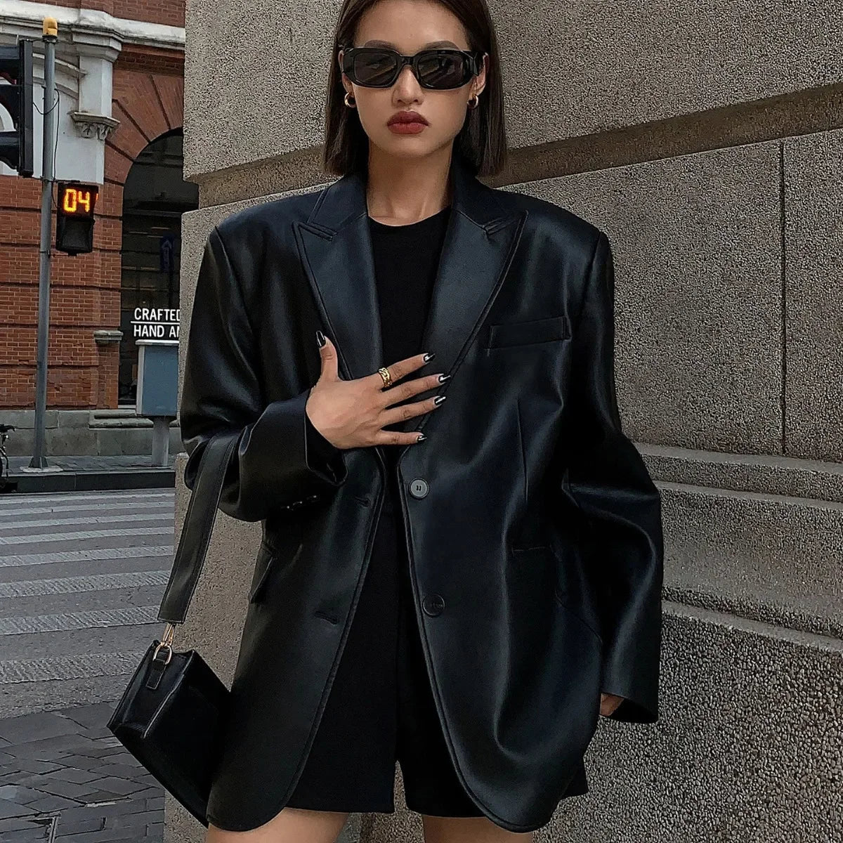 Ladies Fashion Black PU Leather Suit Jacket Spring and Autumn New High-grade Texture Solid Color Loose Small Suit Leather Woman voguable