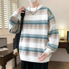 Autumn Winter New Fashion Round Neck Long Sleeve Striped Pullovers Men's Clothing Casual Loose Korean All-match Knitting Tops voguable