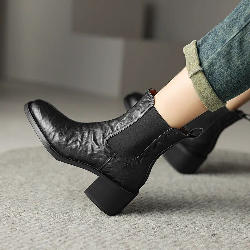 New Autumn Winter Basic Women Ankle Boots Office Lady Casual Genuine Leather Round Toe Thick Heels Elastic Band Shoes Woman voguable