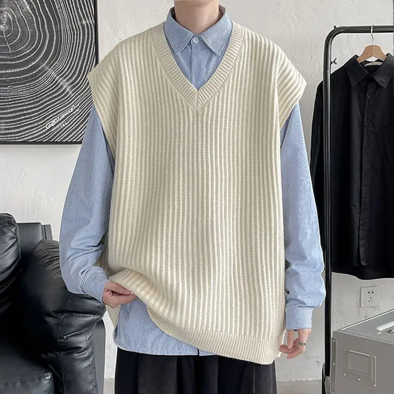 2023 Autumn and Winter V-neck Sweater Vest Men Solid Color Acrylic Sleeveless Ins College Style Harajuku Knitted Sweater Men voguable