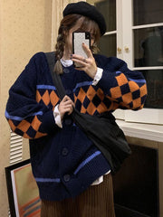 Voguable  Christmas Red Women Argyle Cardigan Vintage Oversize Knitted Tops Korean Lazy Wind Loose Female Preppy Style Sweater New voguable