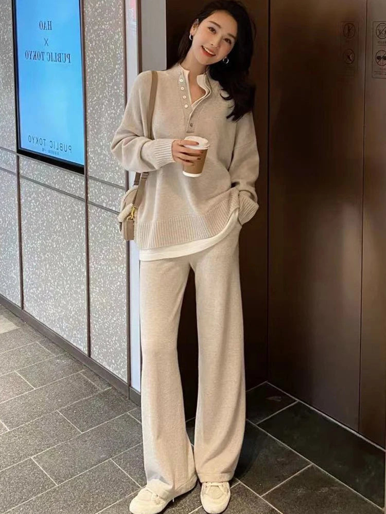 Women Knitted Sweater Sexy Two Piece Sets 2023 New Autumn Winter Warm Casual Long Sleeve Pullovers Wide Leg Pants Ladies Suits voguable