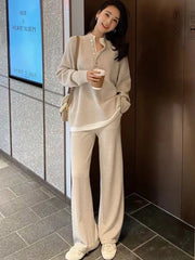 Women Knitted Sweater Sexy Two Piece Sets 2023 New Autumn Winter Warm Casual Long Sleeve Pullovers Wide Leg Pants Ladies Suits voguable