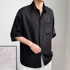 Solid Color Ice Silk Shirts for Men Short Sleeve Summer Drape Lapel Button Korean Loose Business Casual Top High-end White Shirt voguable