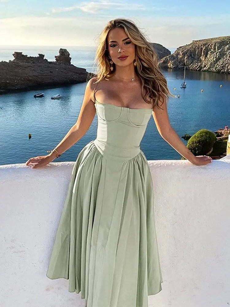 Sexy Solid Pleated Hem Sling Dress Women Fashion Midi Sleeveless Backless Dresses Female 2024 Summer Party Evening A-line Robes voguable