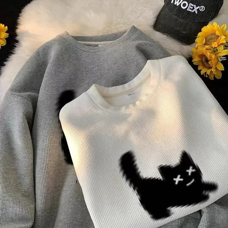 Voguable Streetwear Harajuku Waffle Cotton Kawaii Hoodies for Men O-Neck Oversized Sweatshirt Y2K Black Cat HIP HOP Punk Winter Clothes voguable