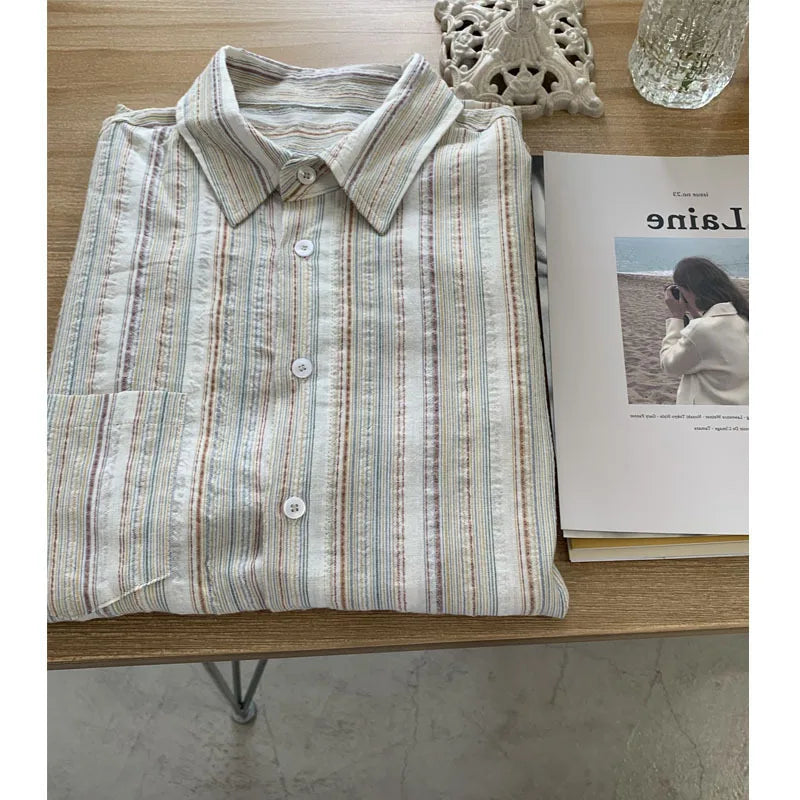 Y2k Lazy Fashion Casual Retro Pinstripe Shirt Women Spring Comfortable Tops Stand Collar Loose Lazy Breathable Sunscreen Clothes voguable