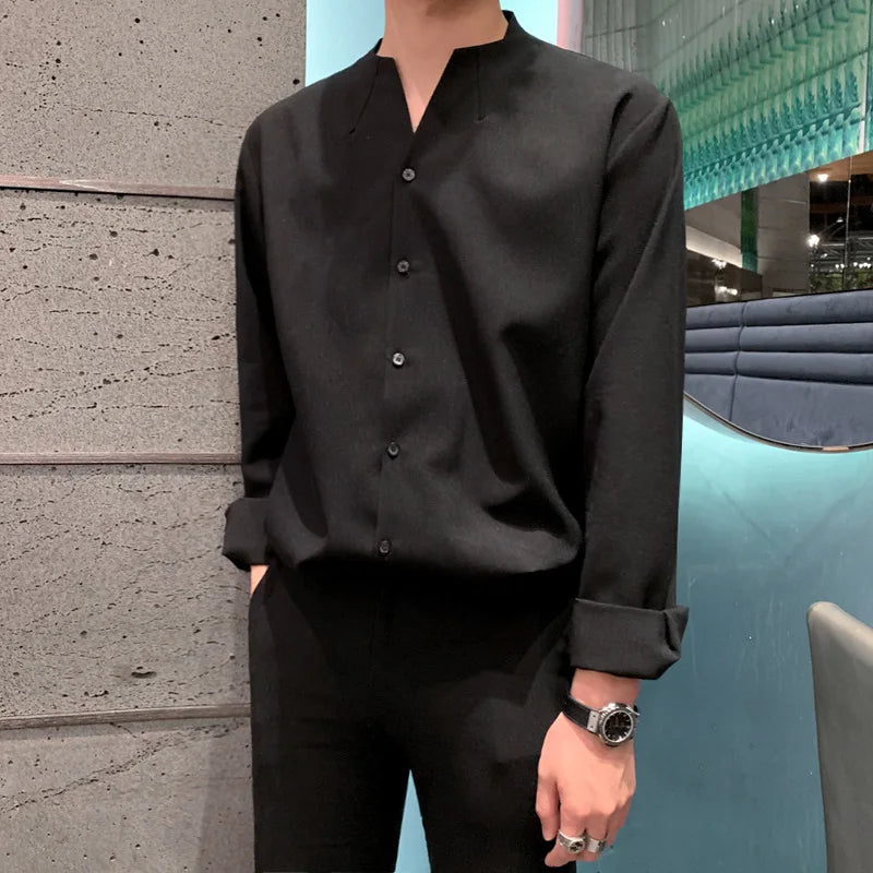 Autumn Khaki Long Sleeve Shirts for Men New Korean Niche Design Collarless Slim Non-iron Irregular Solid Color Shirt Men voguable