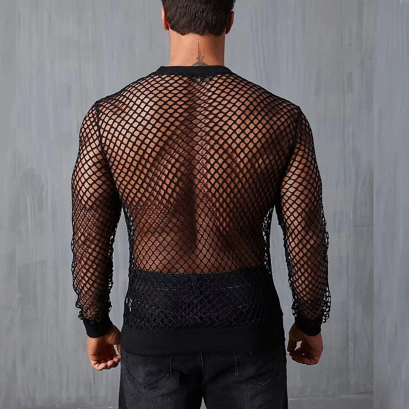 Men's Cotton Mesh Long Sleeve Off Shoulder See-Through T-Shirt Sexy Nightclub Wear Fitness Breathable Mesh Hollow-Out Base Shirt voguable