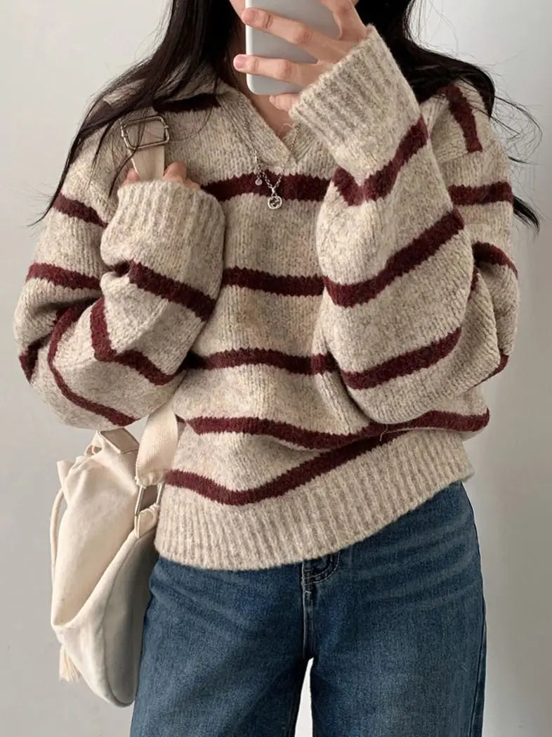 Large size Korean style lapel slimming contrast striped sweater women's winter long-sleeved loose pullover sweater y2k tops voguable