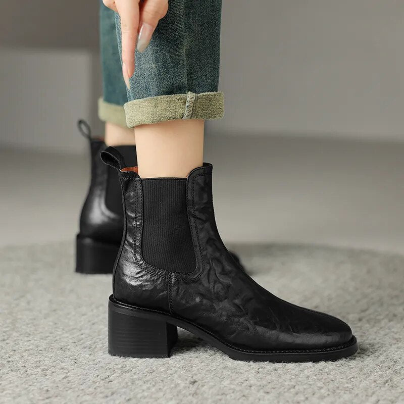 New Autumn Winter Basic Women Ankle Boots Office Lady Casual Genuine Leather Round Toe Thick Heels Elastic Band Shoes Woman voguable