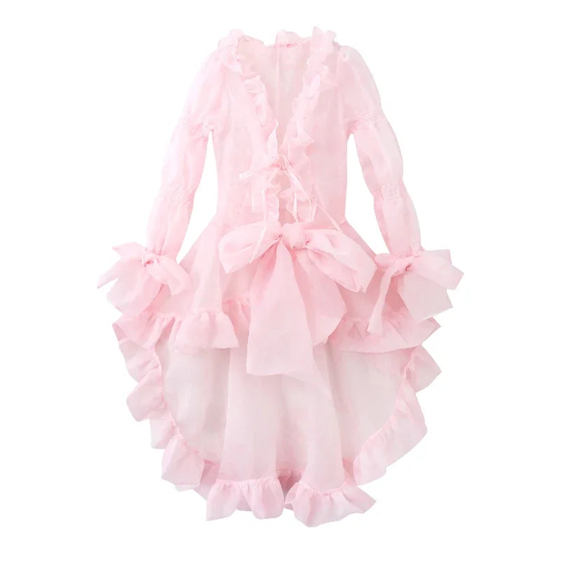 Voguable Kawaii Ruffle Puffy Women 3-piece Set Dress Underskirt Shawl Shrug Princess Pink Mini Evening High Low Dress Lolita Tutu Train voguable