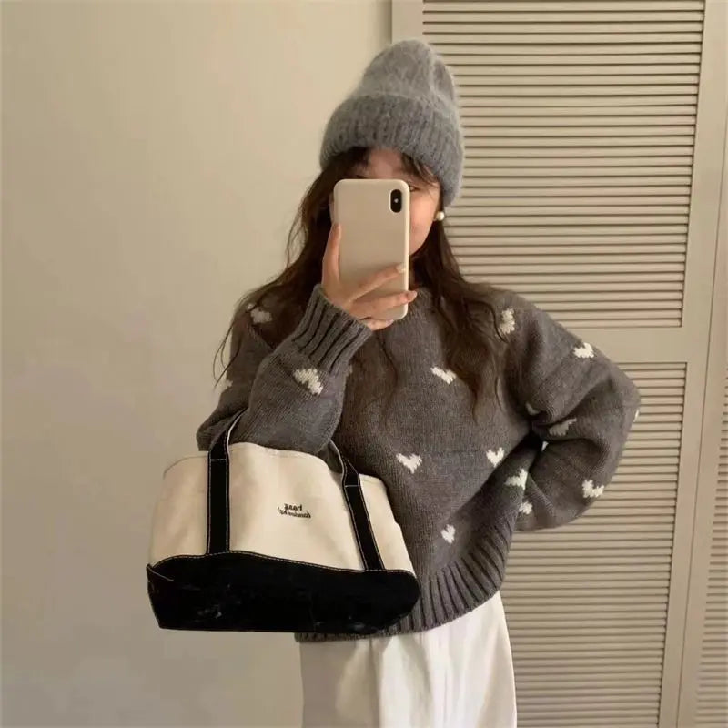 Love jacquard sweater for women in autumn and winter, loose, soft, lazy, high-end  short knitted sweater for little people voguable