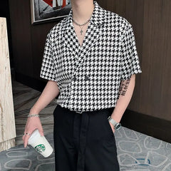 Korean Version Men Clothing Niche Design Fashion Houndstooth Shirts for Men Short Sleeve Suit Collar Loose Casual Hawaiian Shirt voguable