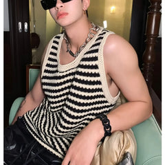 New Black and White Striped Hollow Mens Sweater Vest Casual Loose Sleeveless Houndstooth Harajuku Spaghetti Straps Sweater Vest voguable