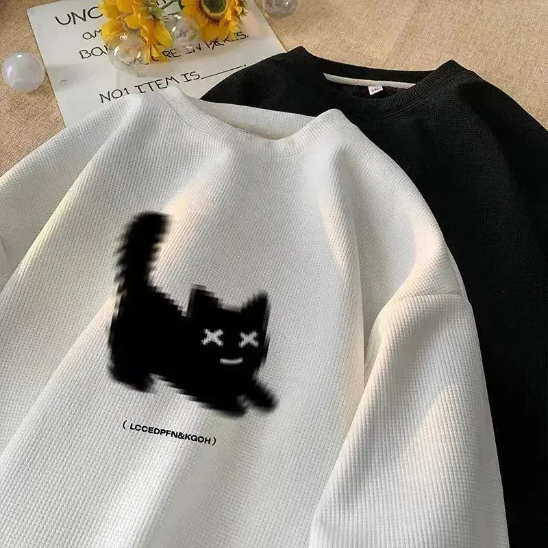 Voguable Streetwear Harajuku Waffle Cotton Kawaii Hoodies for Men O-Neck Oversized Sweatshirt Y2K Black Cat HIP HOP Punk Winter Clothes voguable