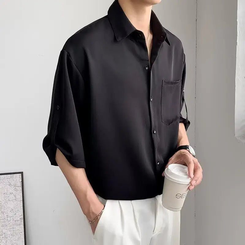 Solid Color Ice Silk Shirts for Men Short Sleeve Summer Drape Lapel Button Korean Loose Business Casual Top High-end White Shirt voguable