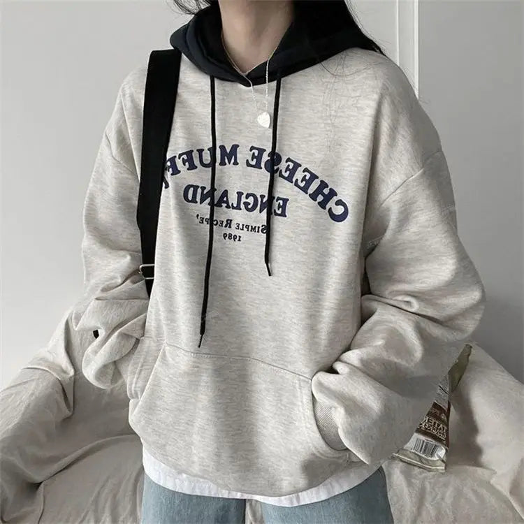 Hooded sweatshirt for women 2024 new spring, autumn and winter thin plus velvet cotton top hip-hop lazy style stylish splicing voguable