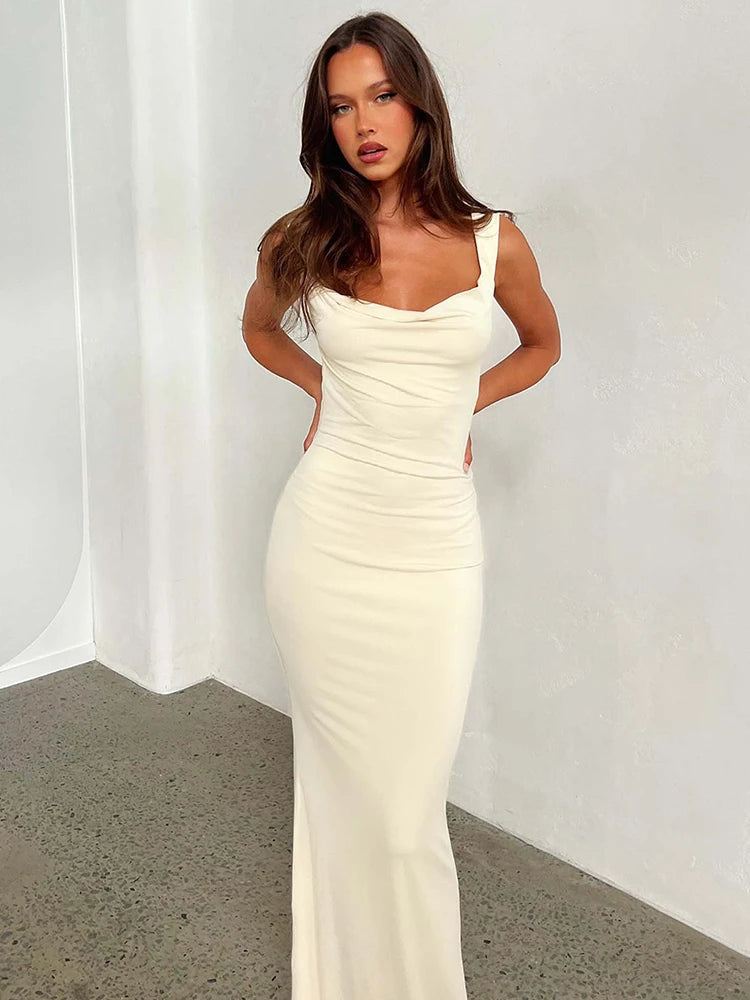 Mozision Double Shoulder Straps Backless Sexy Maxi Dress For Women Summer New Square Collar Sleeveless Bodycon Long Dress voguable