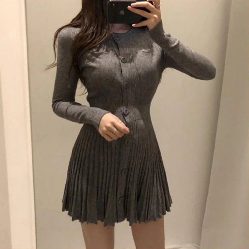 MEXZT Knitted Pleated Mini Dress Women Vintage Black Sweater Dresses Winter Korean Elegant Long Sleeve Pink Bodycon Vestidos New voguable