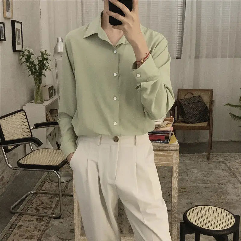 2023 Spring New Shirt Men Blue Simple Silk Shirt Long Sleeve Solid Color Loose Casual Fashion Designer Men Dress Shirt Blouses voguable