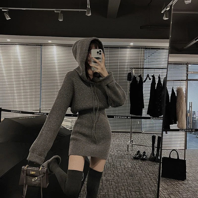 MEXZT Streetwear Knitted Mini Dress Women Hooded Sweater A Line Dresses Winter Korean Solid High Waist Slim Casual Vestidos New voguable