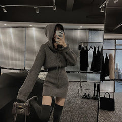 MEXZT Streetwear Knitted Mini Dress Women Hooded Sweater A Line Dresses Winter Korean Solid High Waist Slim Casual Vestidos New voguable